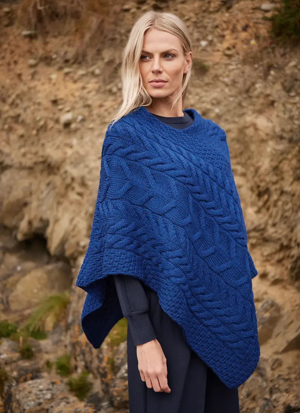 Supersoft Merino Wool Cable Poncho in Deep Blue