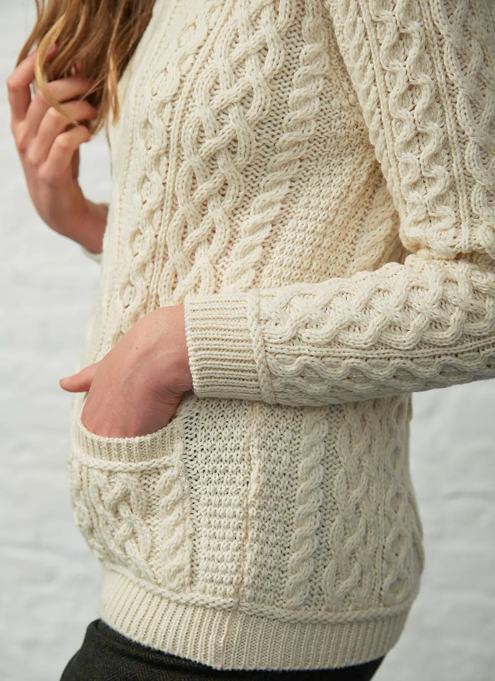 Aran Cable Crew Neck Sweater With Pockets