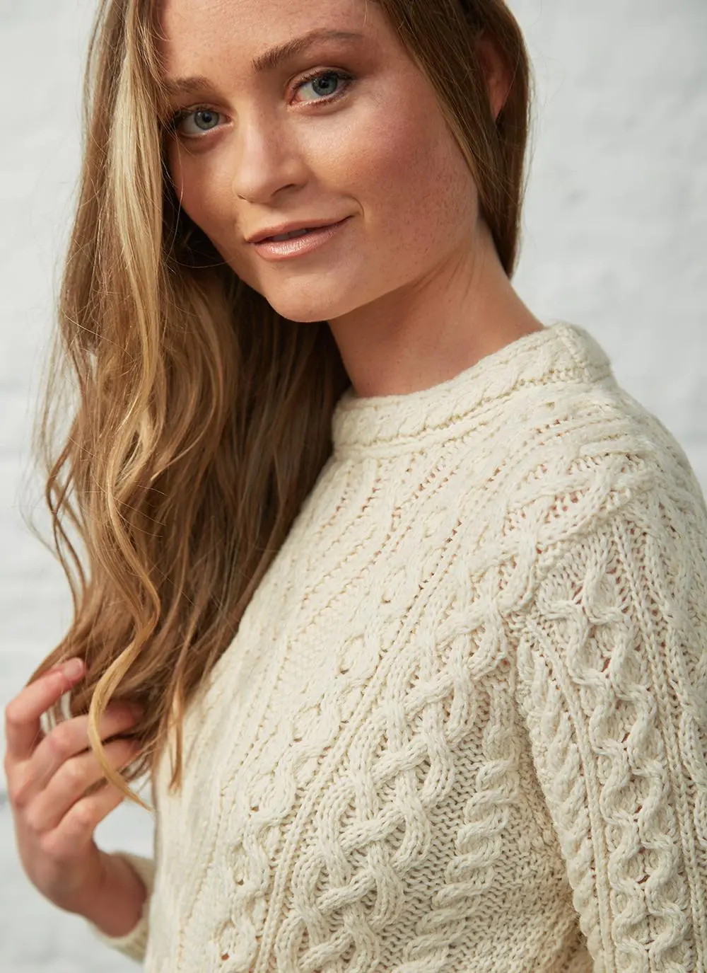 Aran Cable Crew Neck Sweater With Pockets