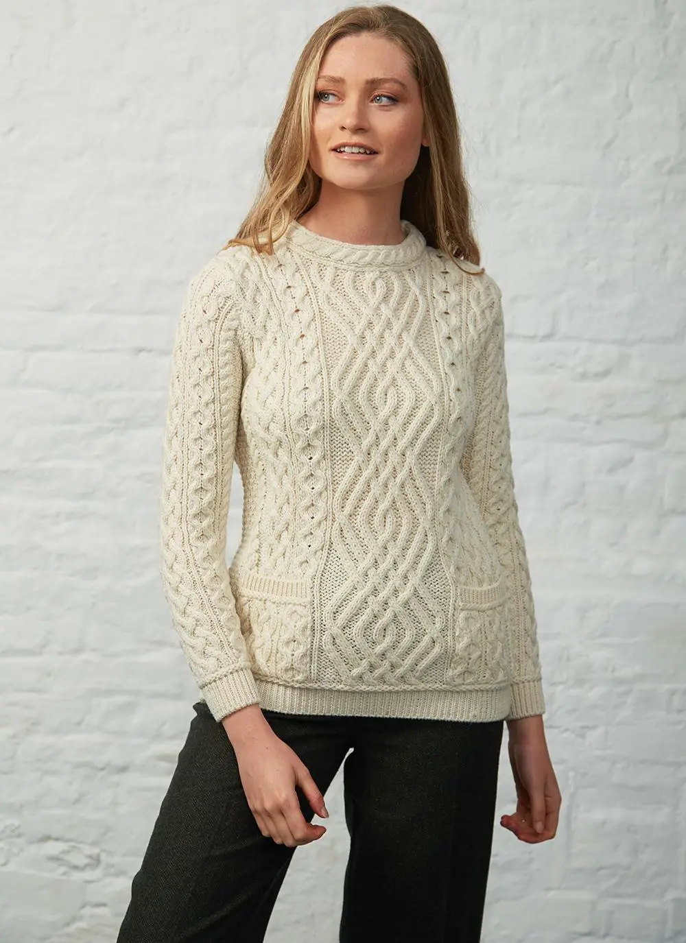 Aran Cable Crew Neck Sweater With Pockets