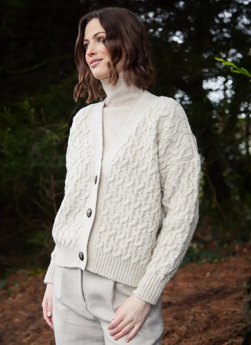 Cashmere Wool Aran Cardigan in Ecru