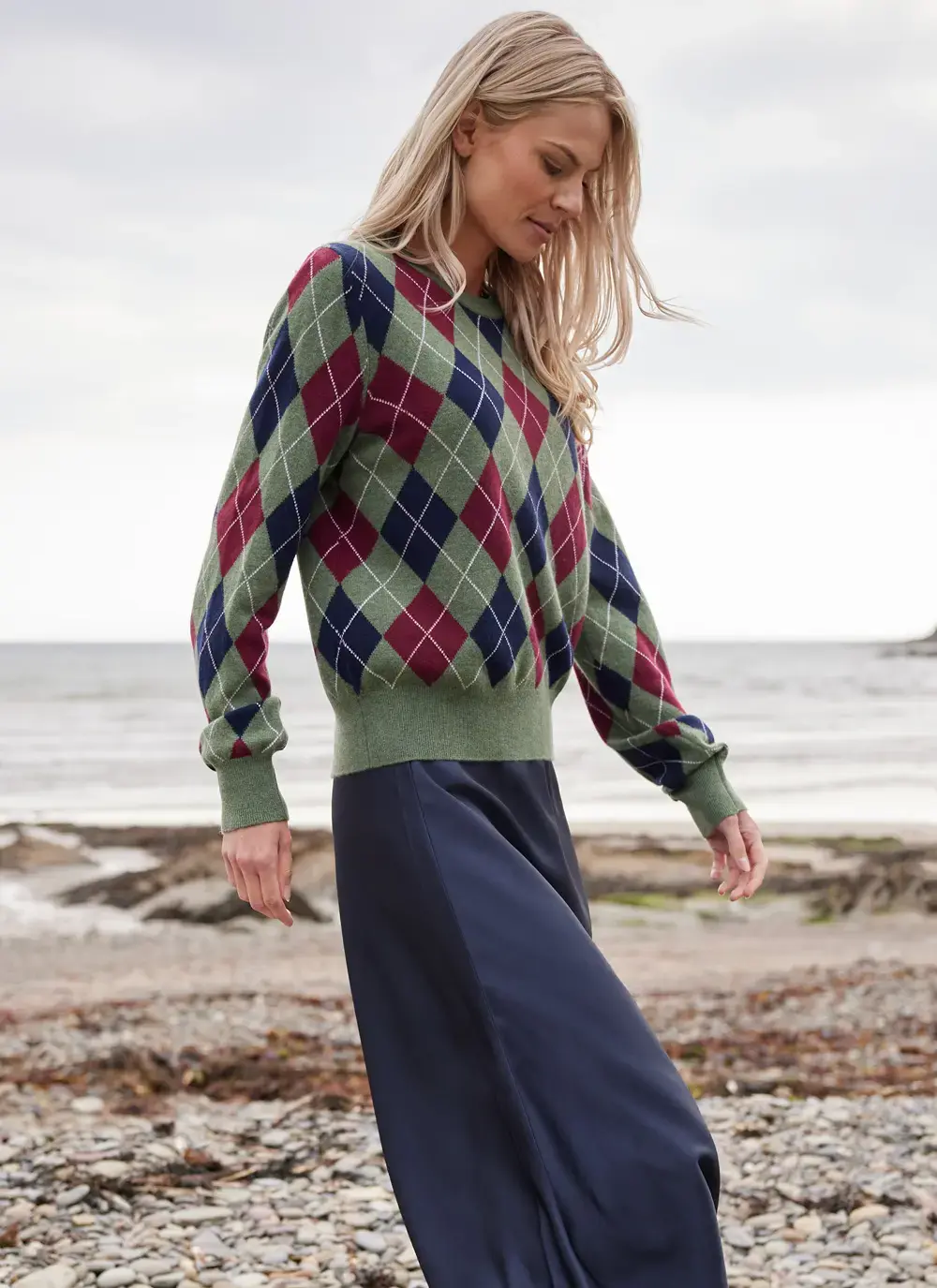 Cashmere Wool Argyle Crew Neck Sweater