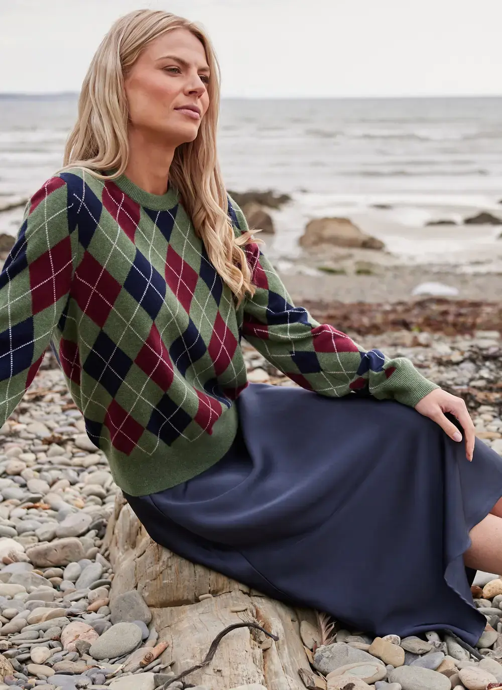 Cashmere Wool Argyle Crew Neck Sweater