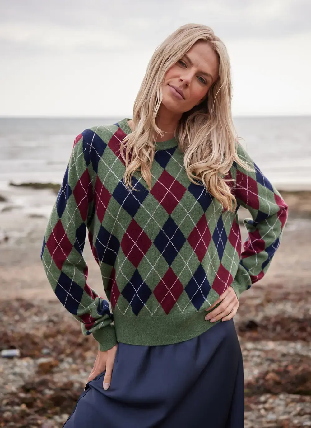 Cashmere Wool Argyle Crew Neck Sweater