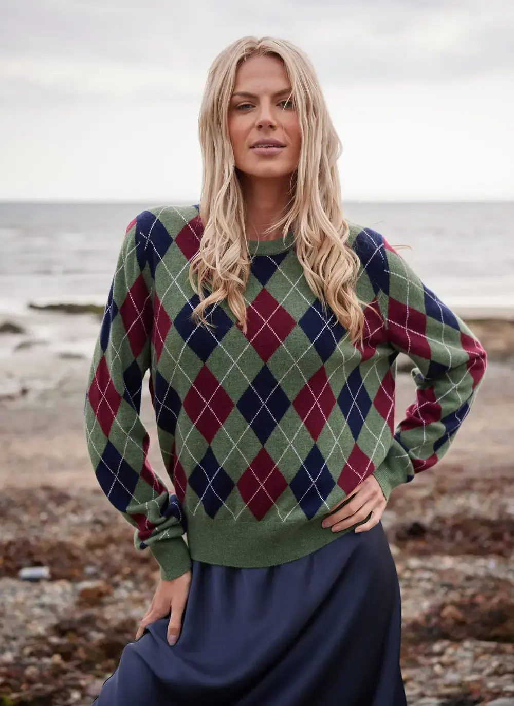 Cashmere Wool Argyle Crew Neck Sweater
