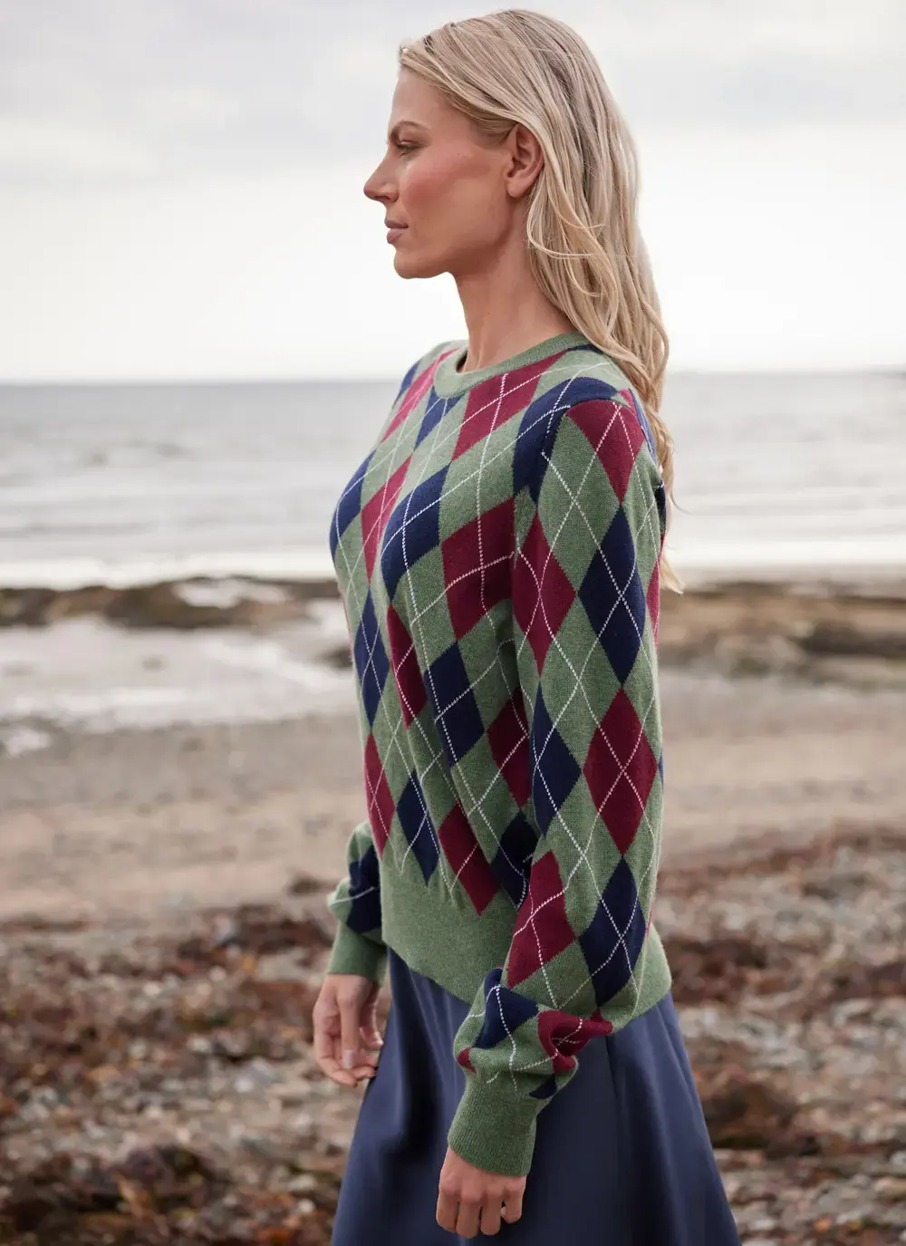 Cashmere Wool Argyle Crew Neck Sweater