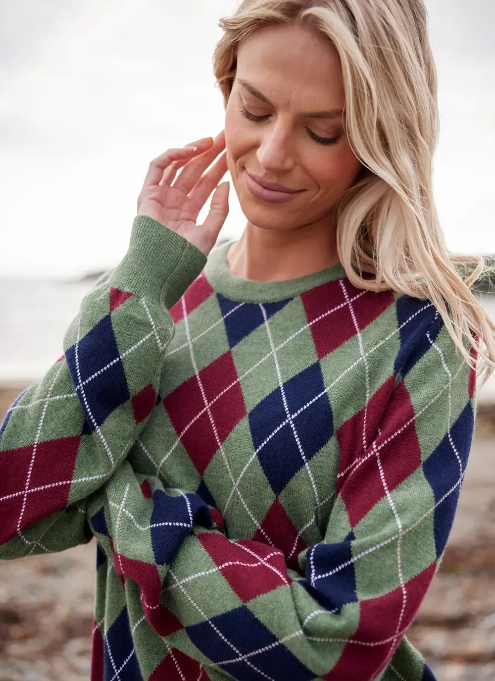 Cashmere Wool Argyle Crew Neck Sweater