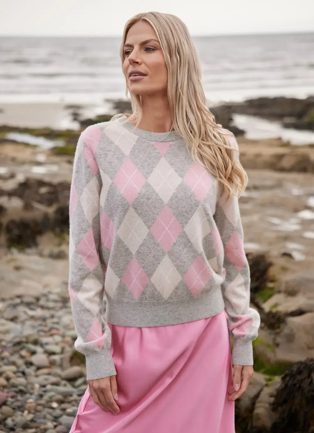 Cashmere Wool Argyle Crew Neck Sweater