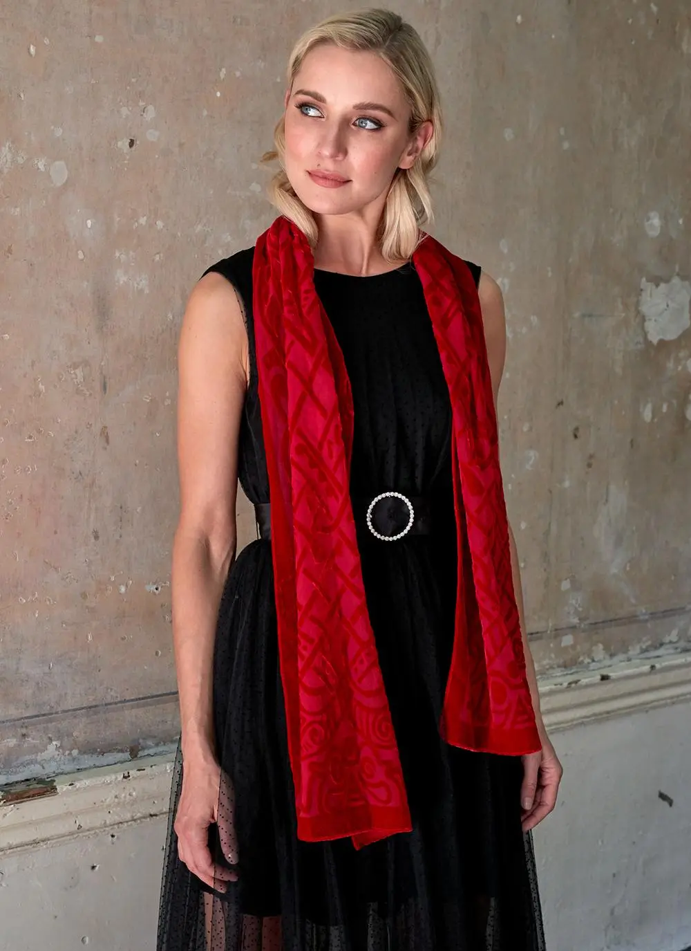 Celtic Burn Out Velour Scarf - Red