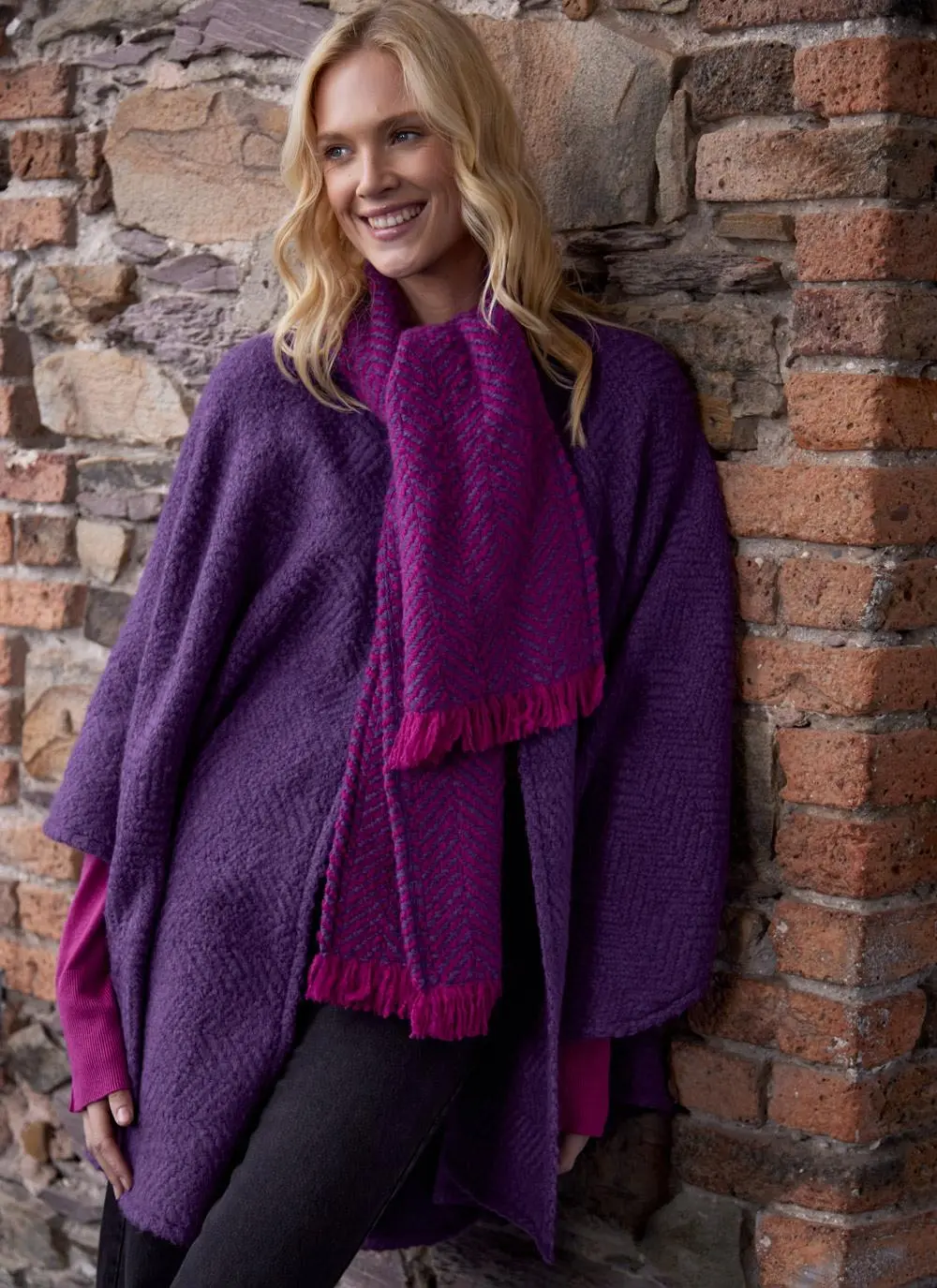 Ciara Wool Herringbone Cape with Scarf