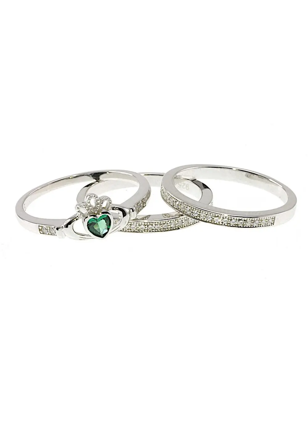 Sterling Silver Emerald Triple Band Claddagh Ring