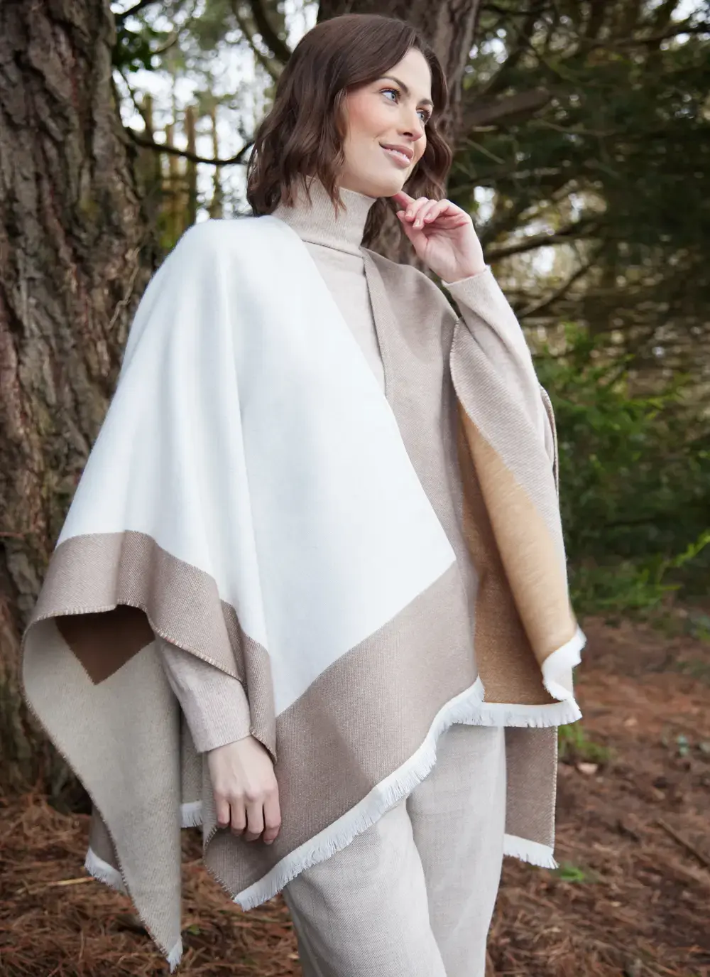 Color Block Fringed Wrap in Camel