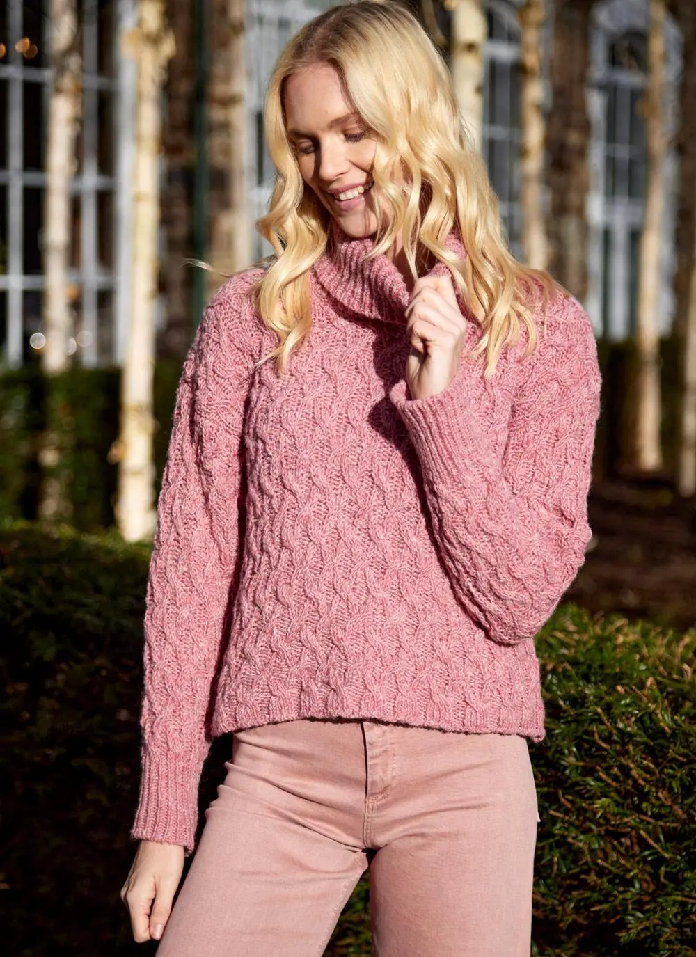 Cropped Polo Neck Aran Sweater