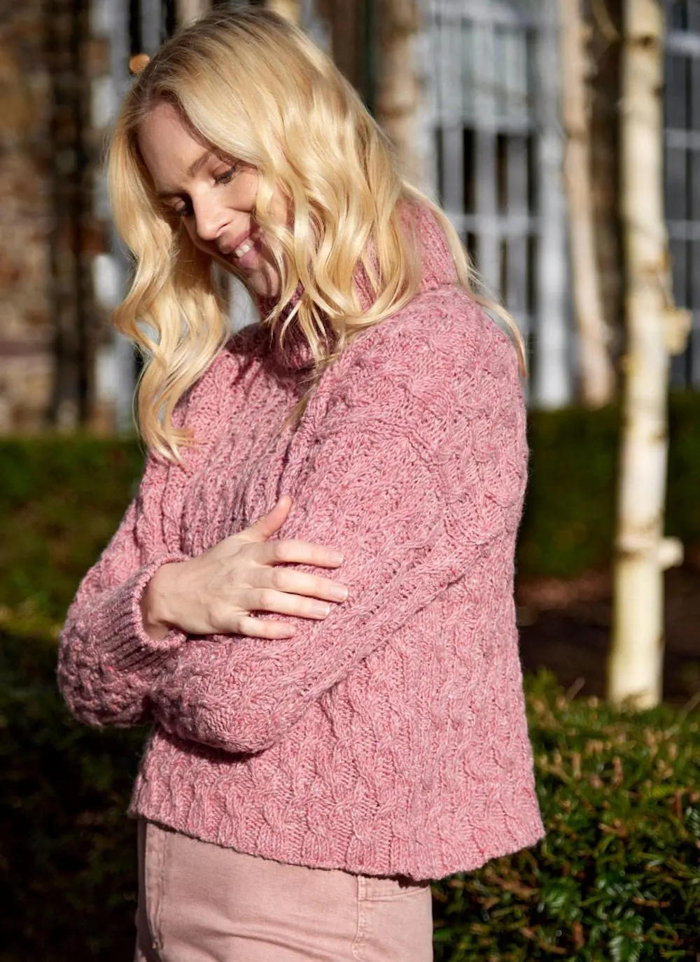 Cropped Polo Neck Aran Sweater