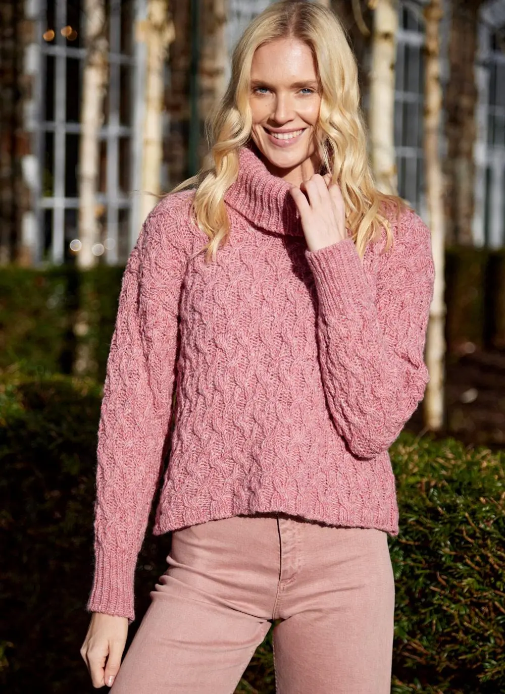 Cropped Polo Neck Aran Sweater