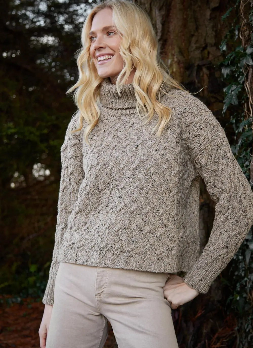 Cropped Polo Neck Aran Sweater