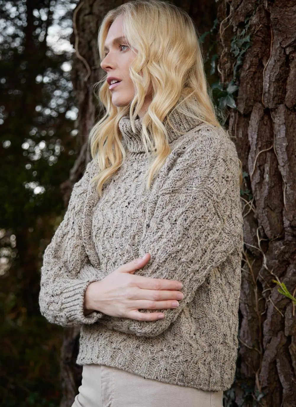 Cropped Polo Neck Aran Sweater