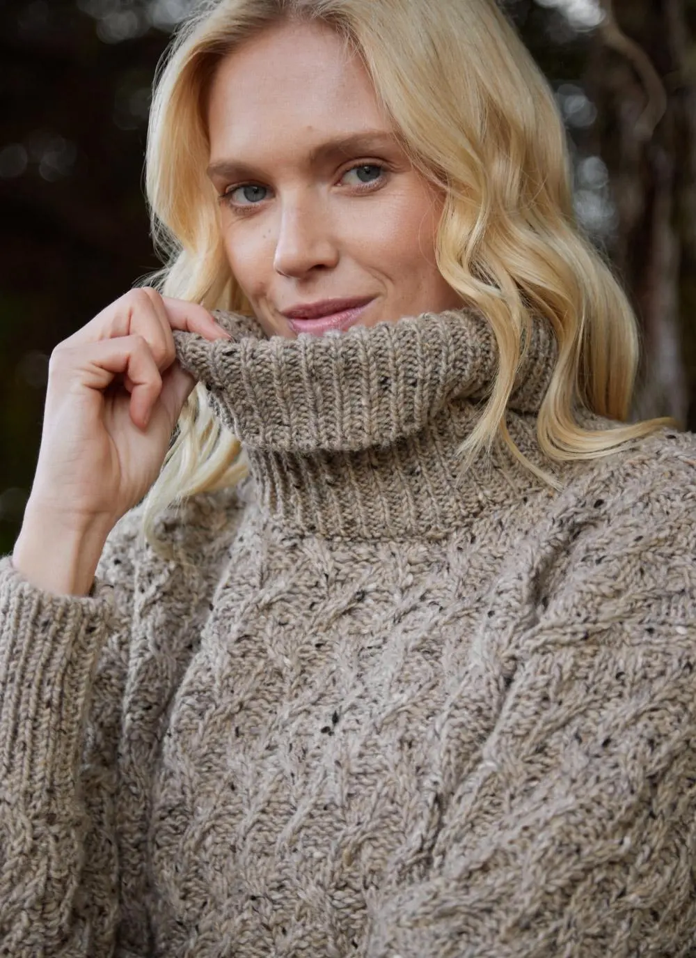 Cropped Polo Neck Aran Sweater