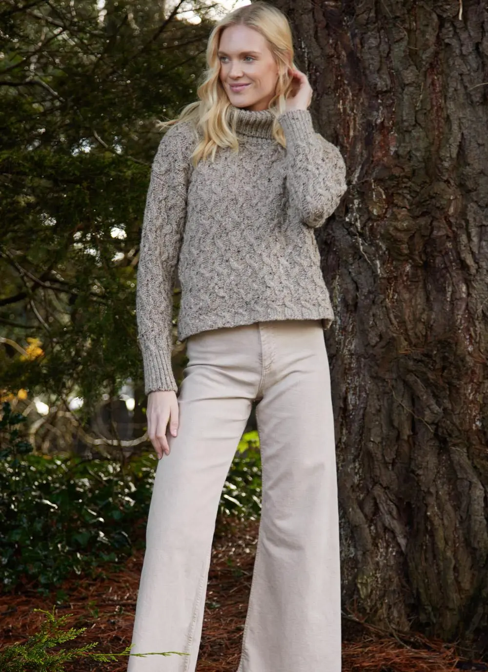 Cropped Polo Neck Aran Sweater