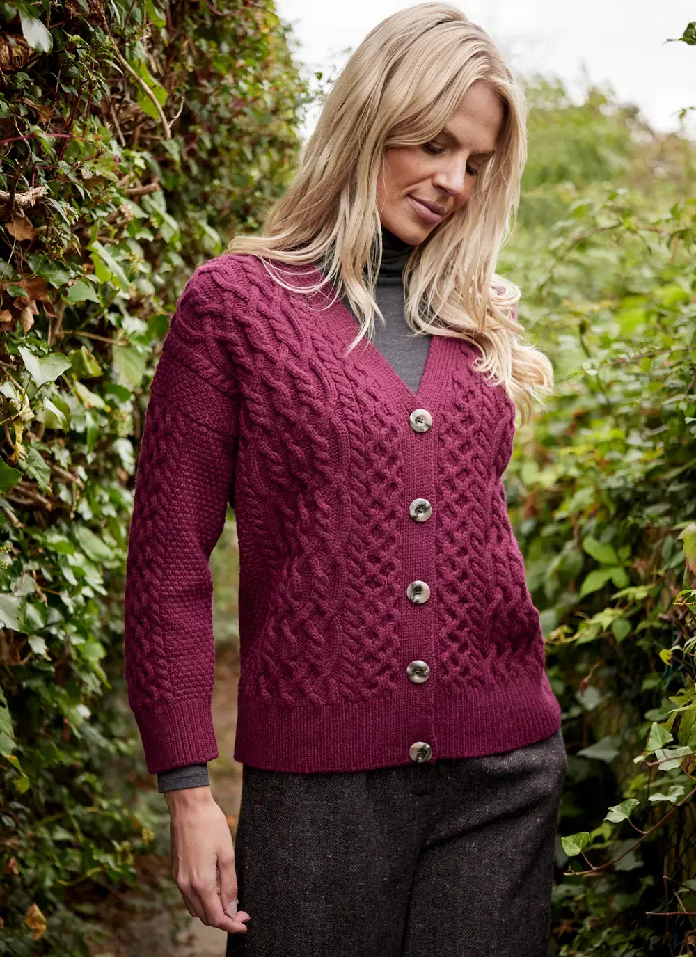 Arranmore Merino Wool V-Neck Cardigan in Berry