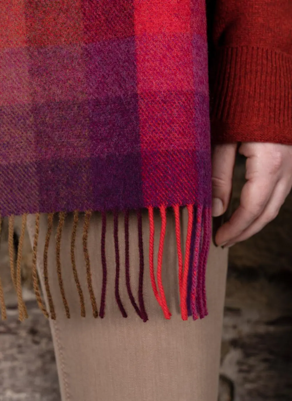 Long Lambswool Scarf Orange & Purple Check 