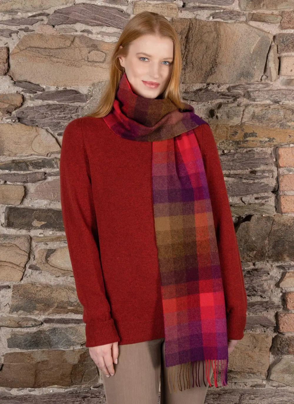 Long Lambswool Scarf Orange & Purple Check 