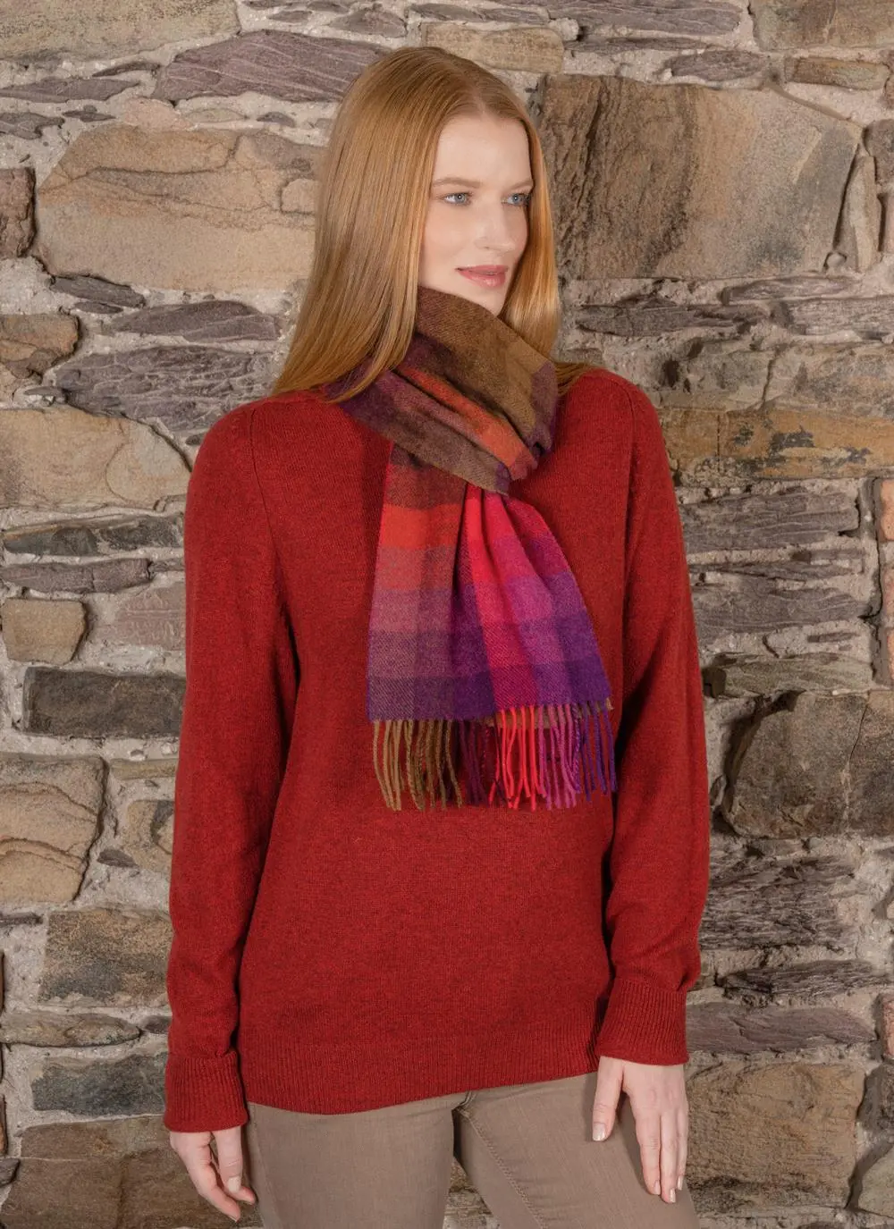 Long Lambswool Scarf Orange & Purple Check 