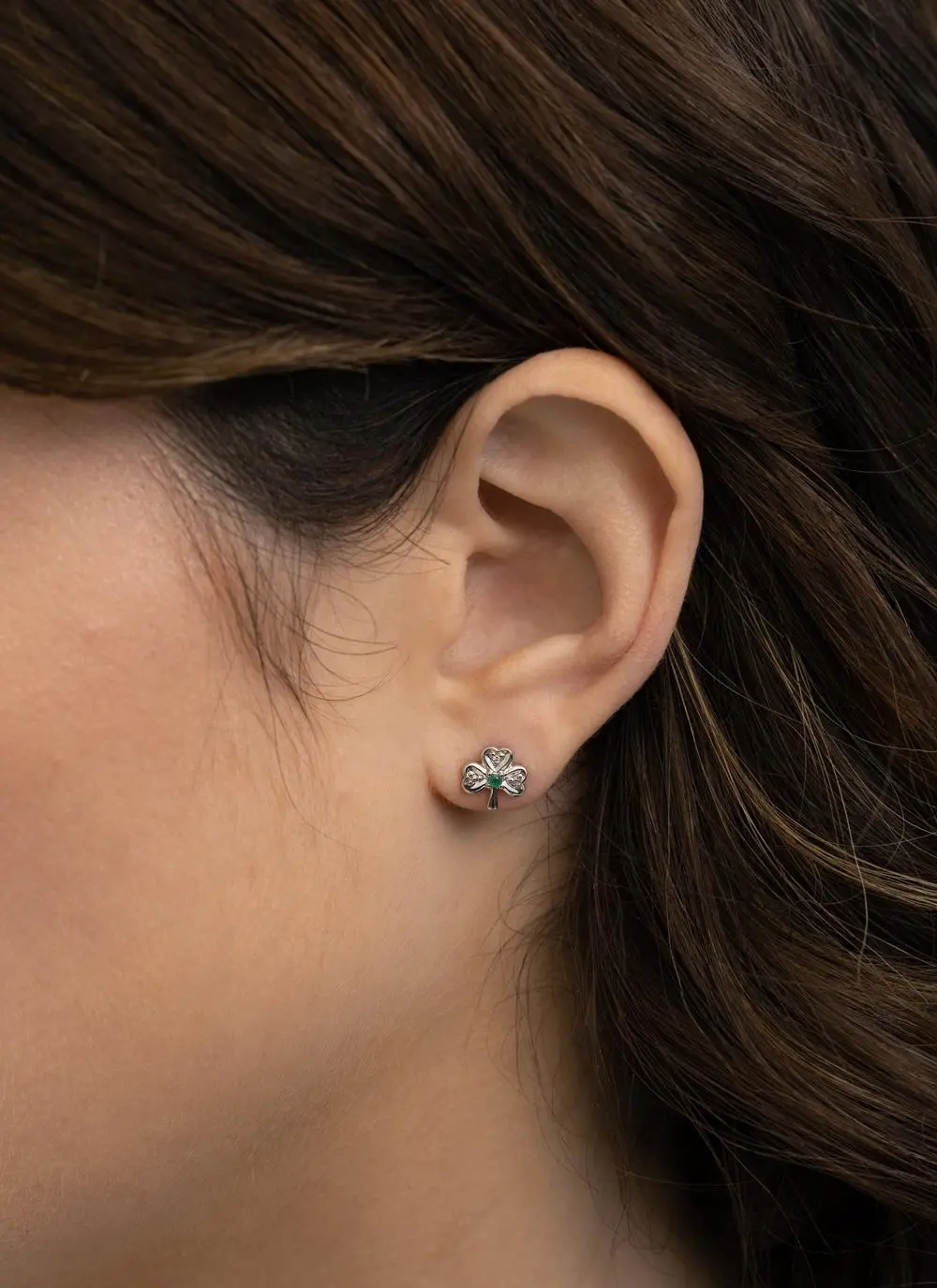 14ct White Gold Diamond & Emerald Shamrock Stud Earrings