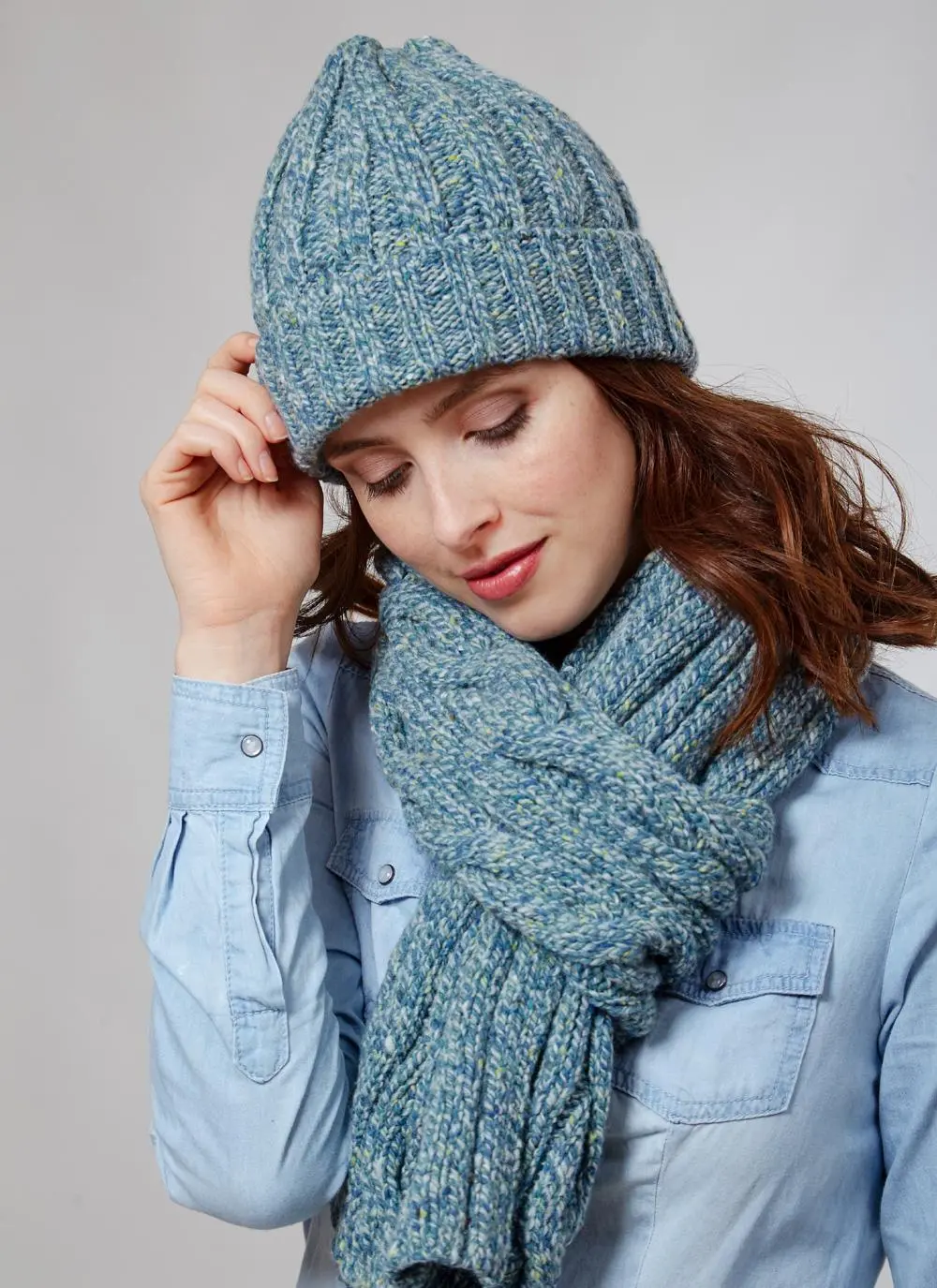 Fisherman Donegal Fleck Beanie & Scarf Set Seagreen