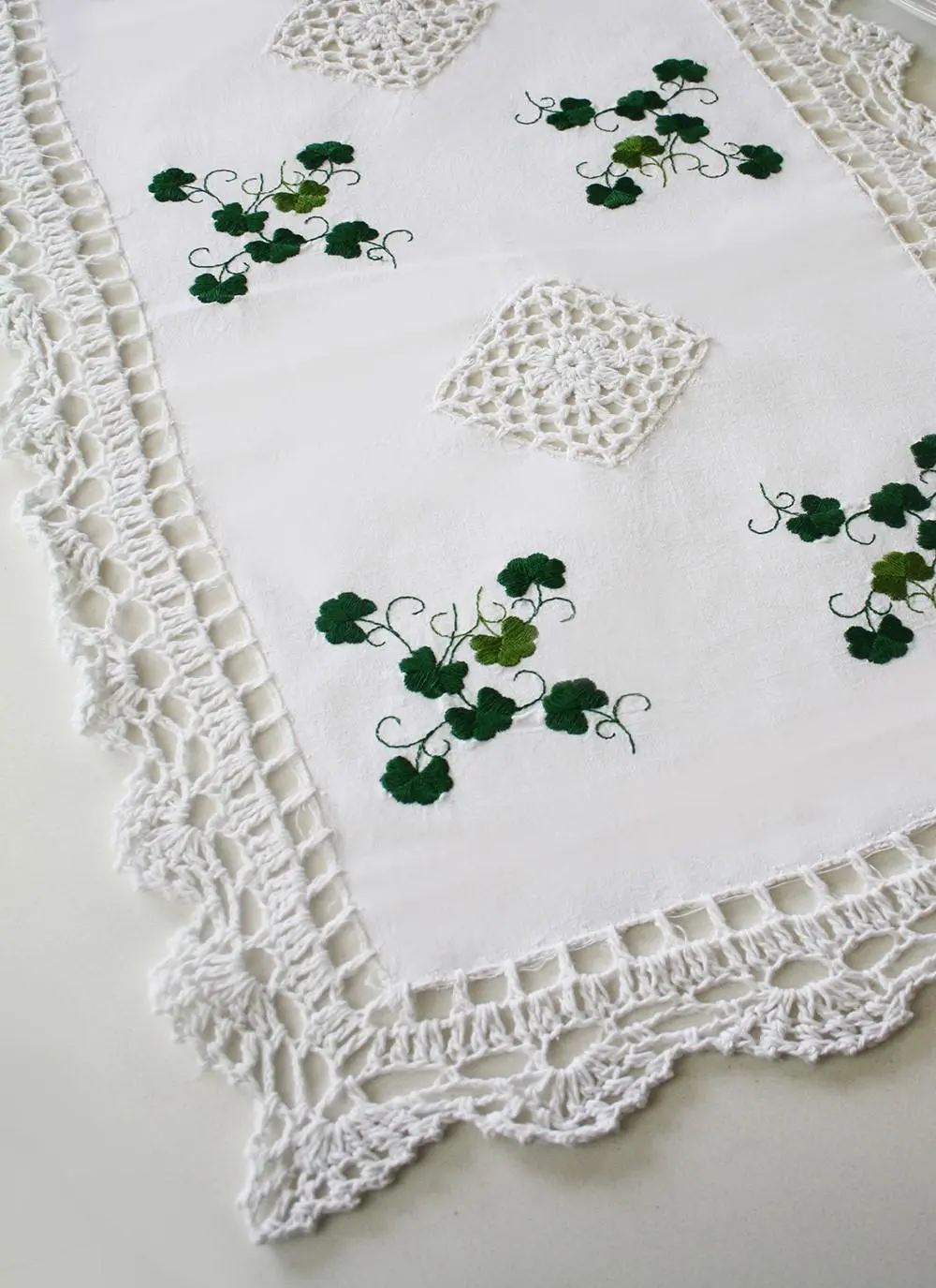 Embroidered Shamrock Crochet Table Runner