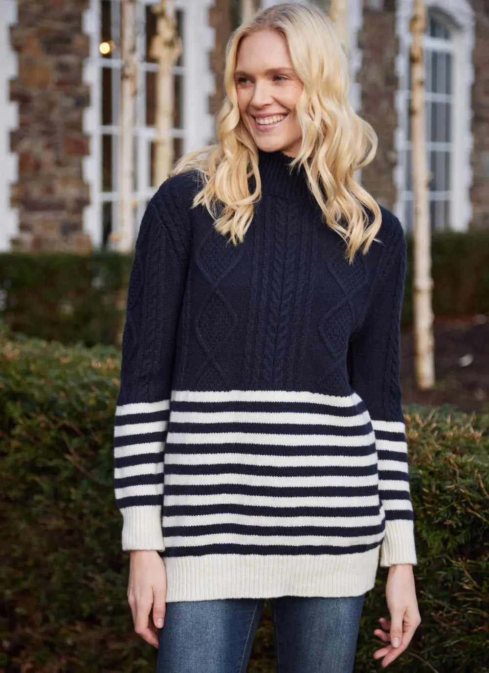 Saoirse Wool Cashmere Aran Stripe Turtle Neck Sweater