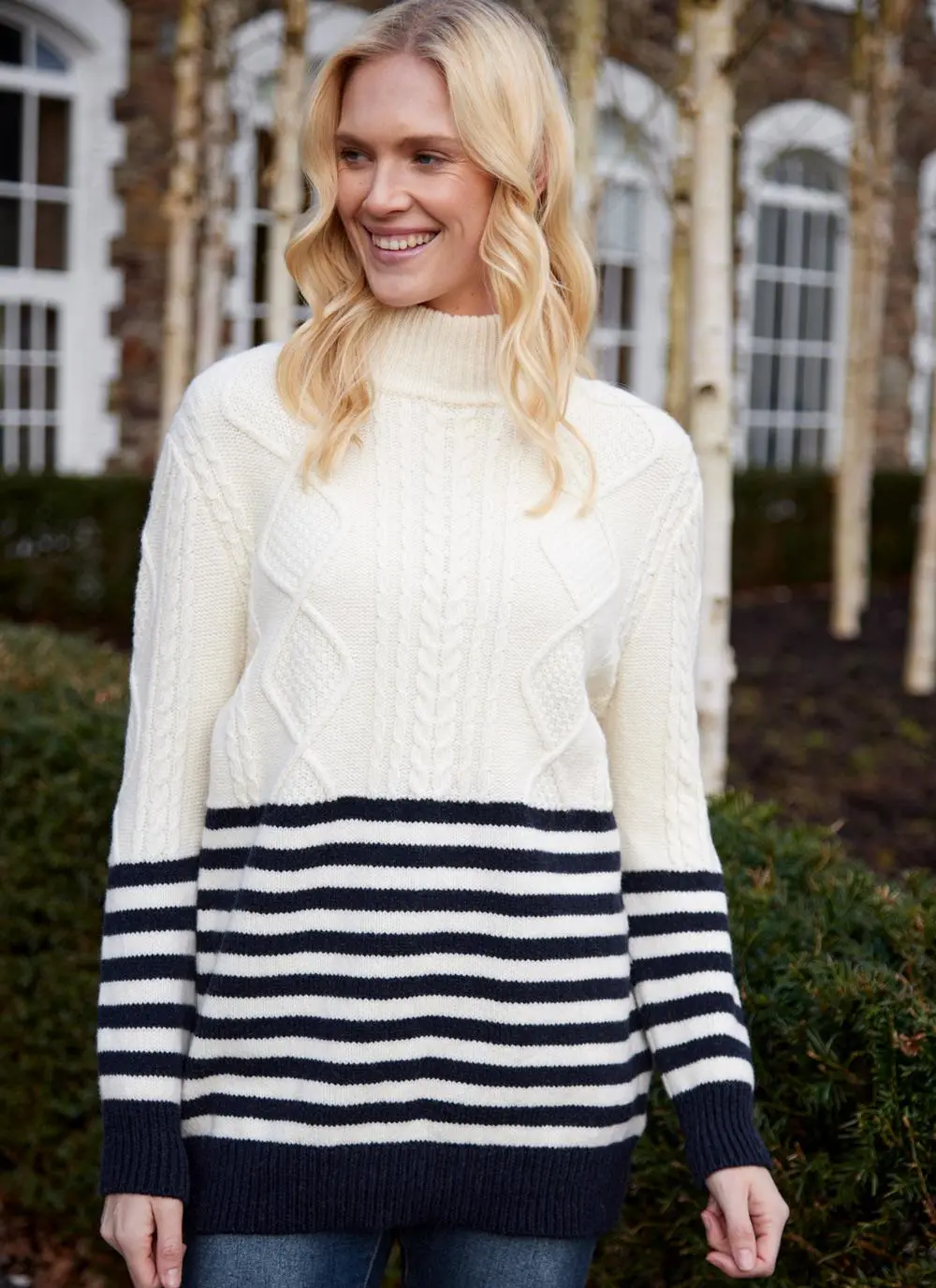 Saoirse Wool Cashmere Aran Stripe Turtle Neck Sweater