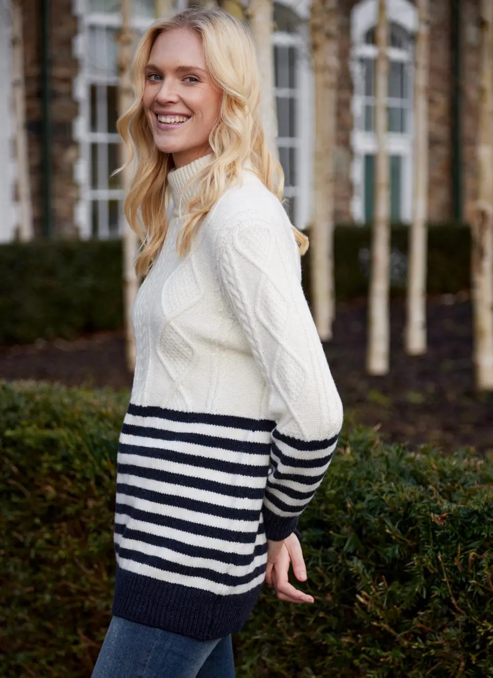 Saoirse Wool Cashmere Aran Stripe Turtle Neck Sweater