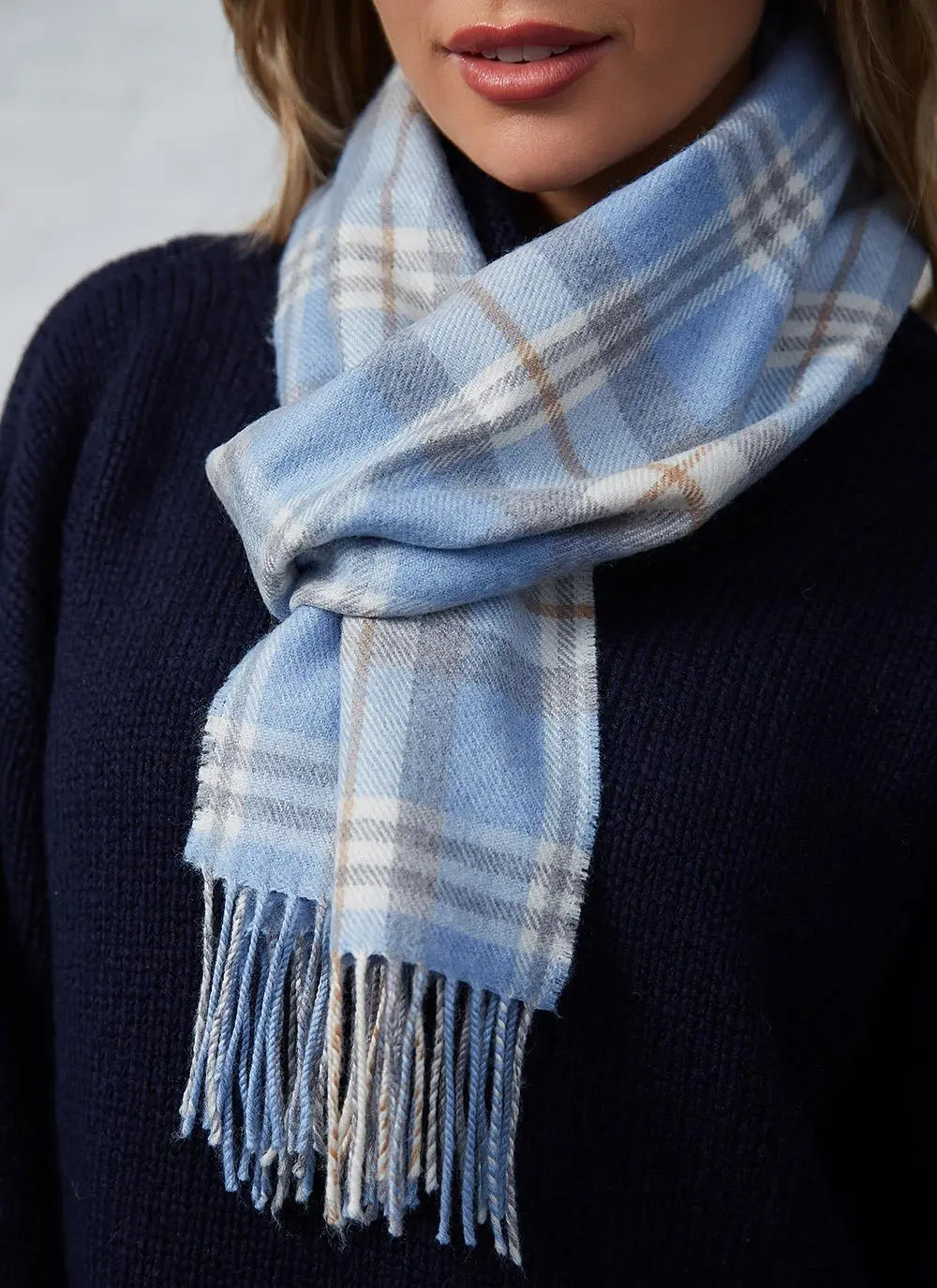 Extra Fine Merino Wool Fringed Check Scarf 