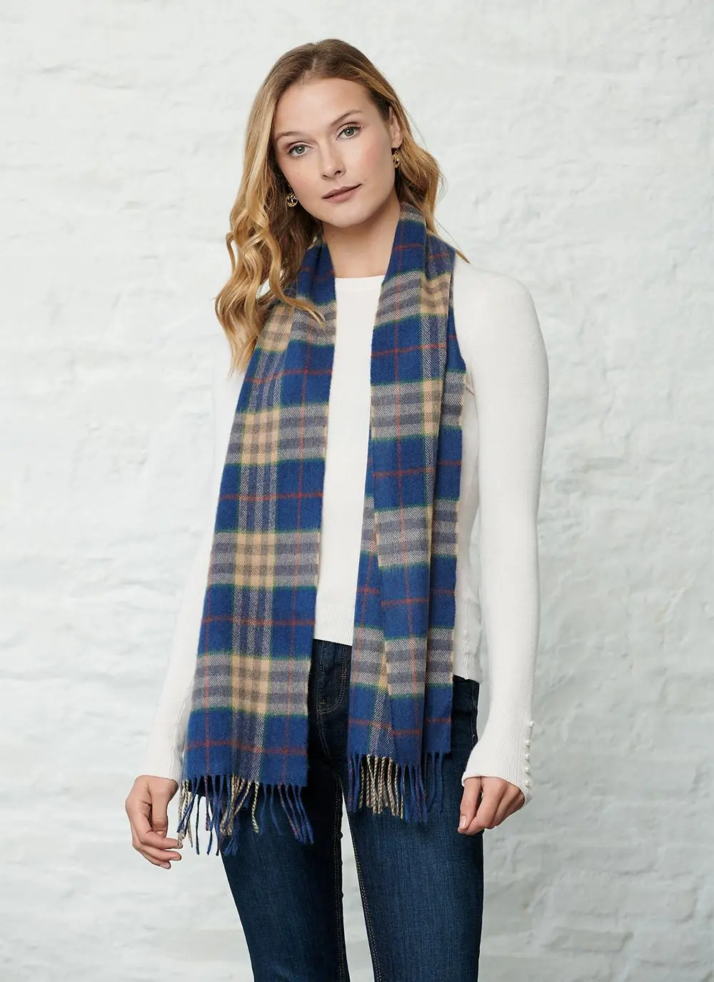 Extra Fine Merino Wool Scarf Blue Check