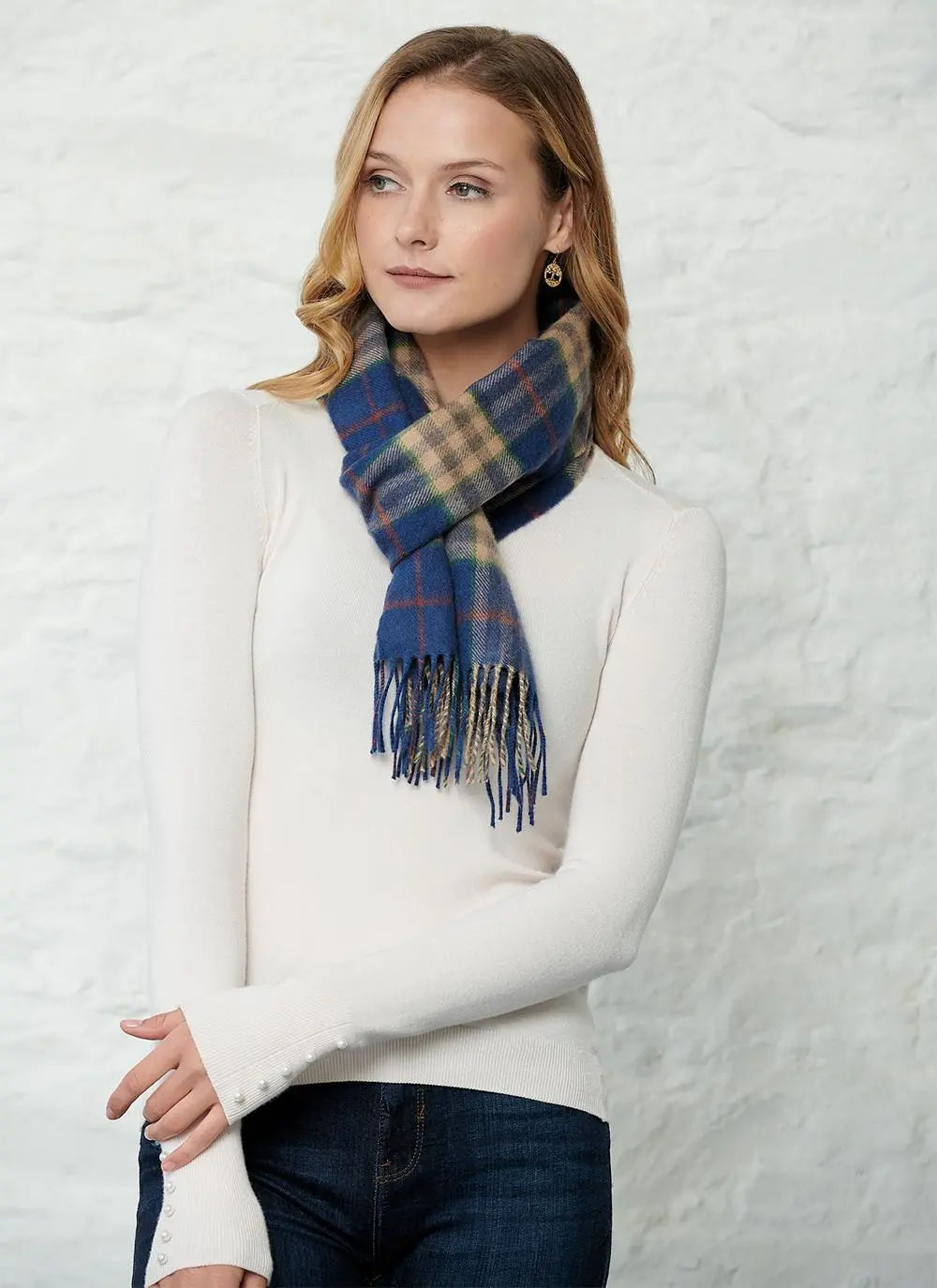 Extra Fine Merino Wool Scarf Blue Check