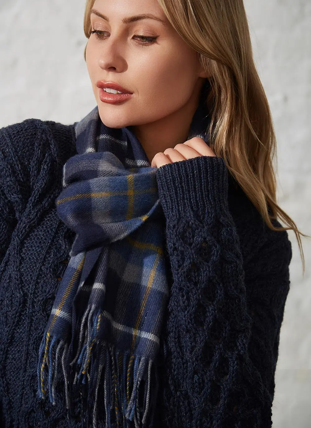Extra Fine Merino Wool Scarf Navy, Grey & Yellow Check