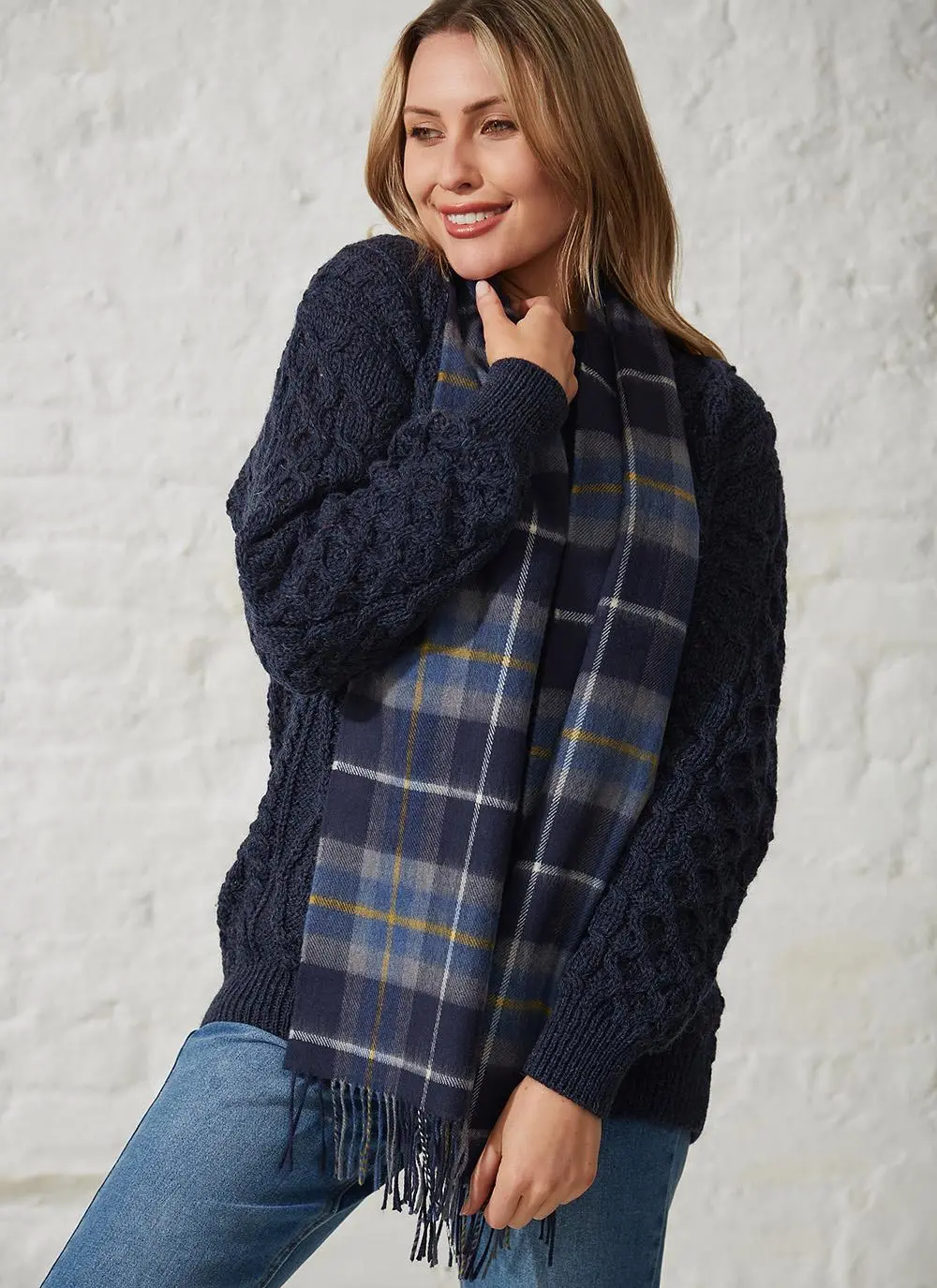 Extra Fine Merino Wool Scarf Navy, Grey & Yellow Check
