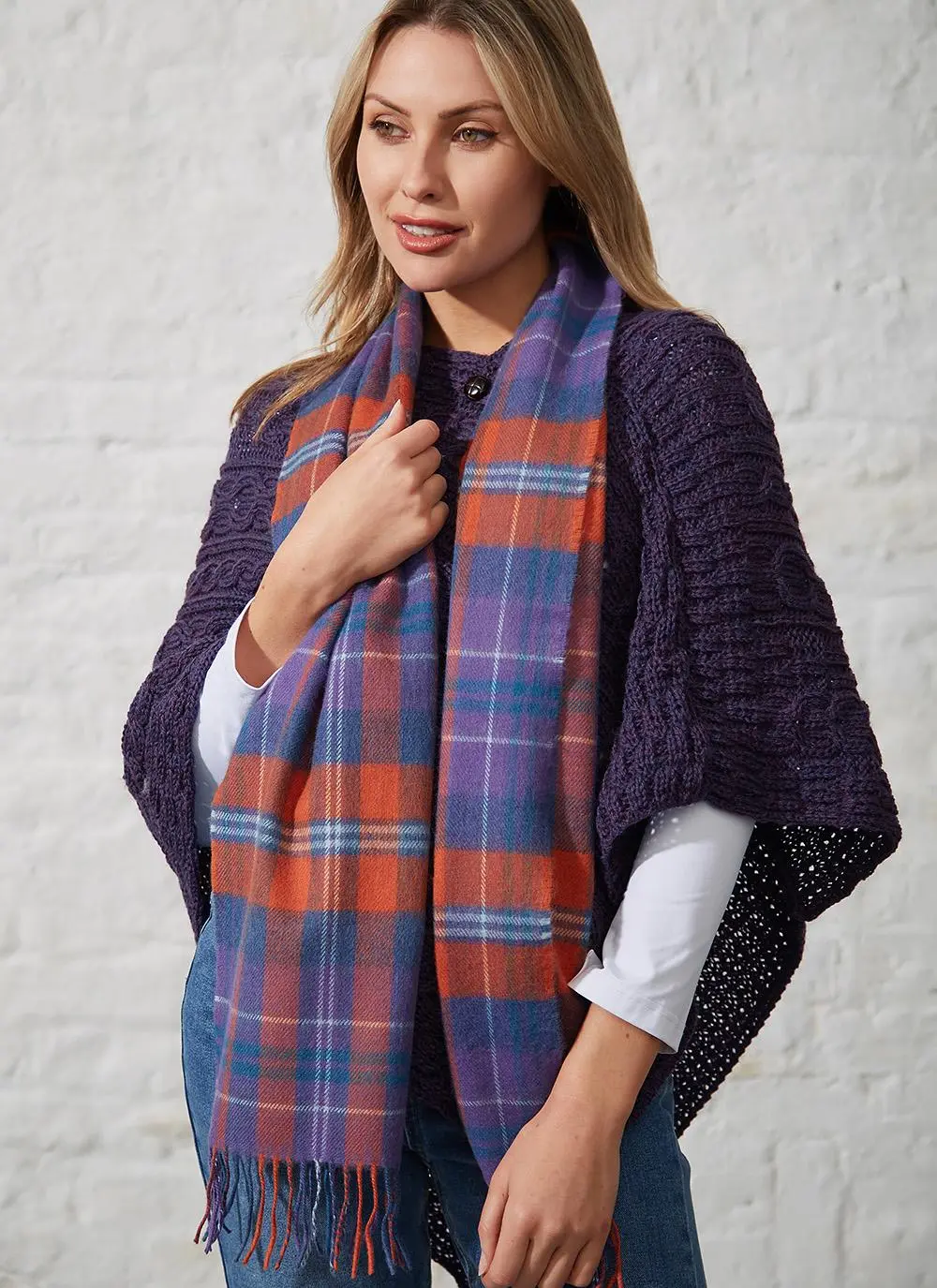 Extra Fine Merino Wool Scarf Purple & Orange Check