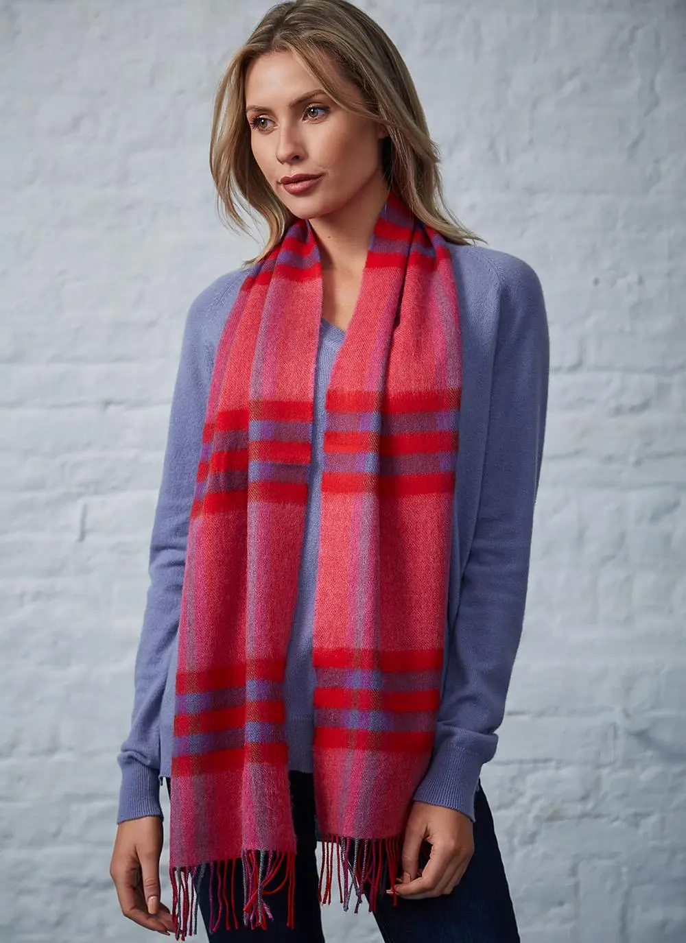 Extra Fine Merino Wool Fringed Check Scarf 