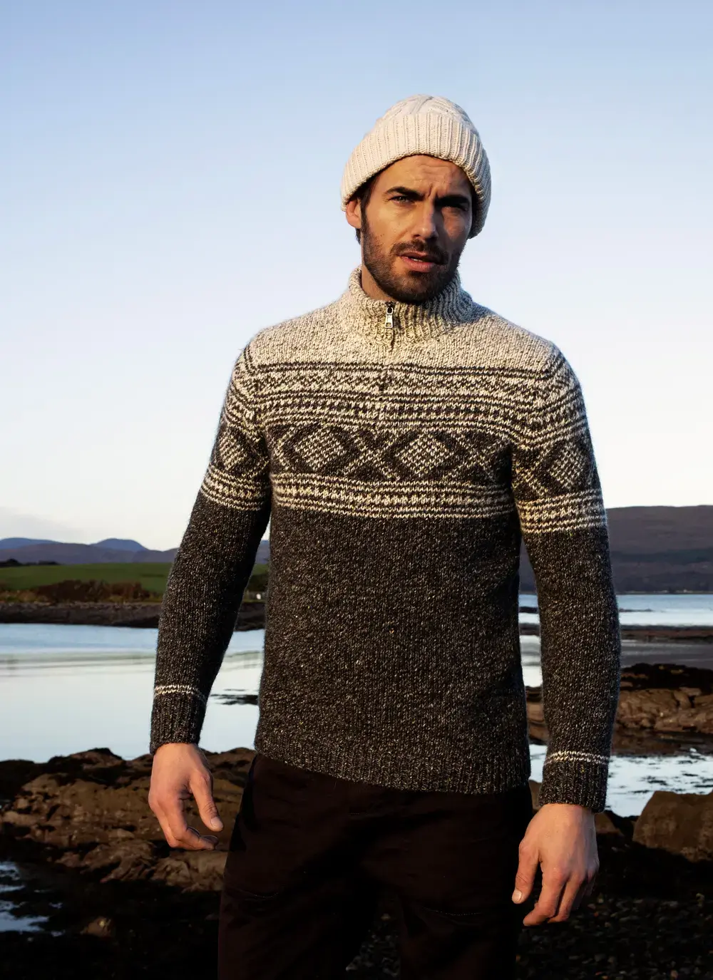 Zip Neck Sweater With Jacquard Pattern