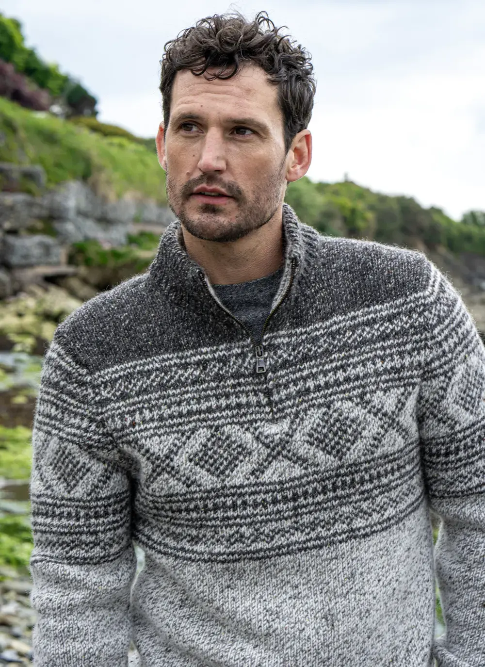 Zip Neck Sweater With Jacquard Pattern