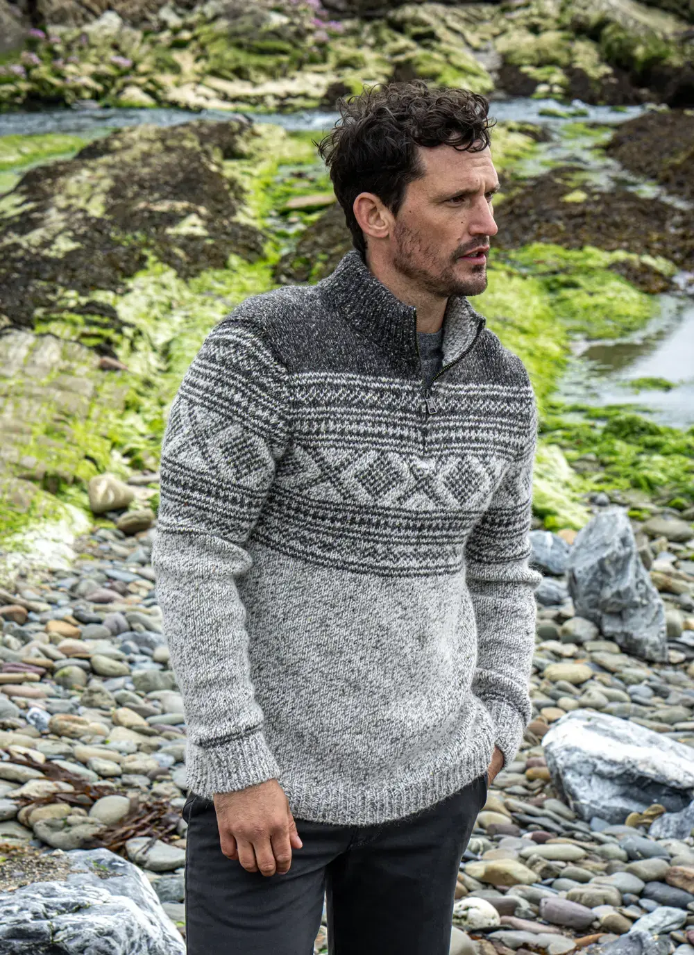 Zip Neck Sweater With Jacquard Pattern