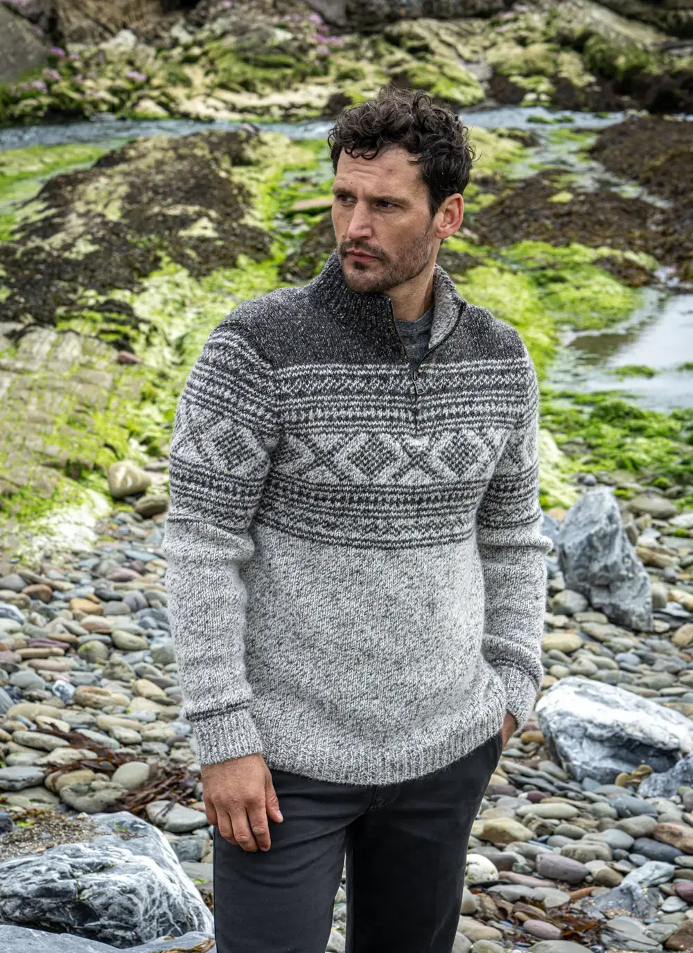 Zip Neck Sweater With Jacquard Pattern