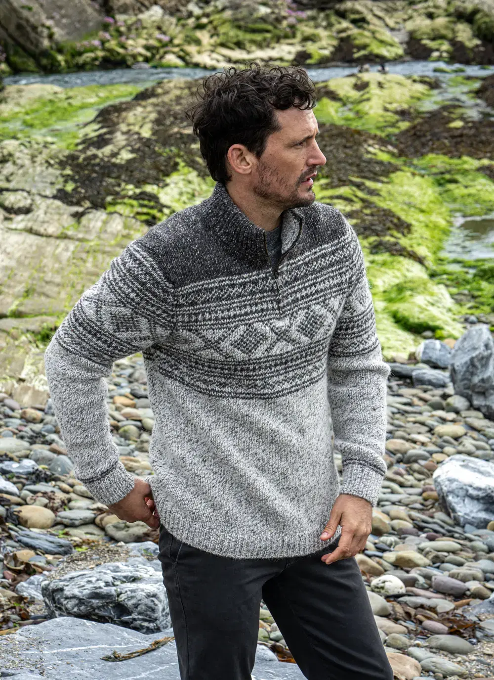 Zip Neck Sweater With Jacquard Pattern