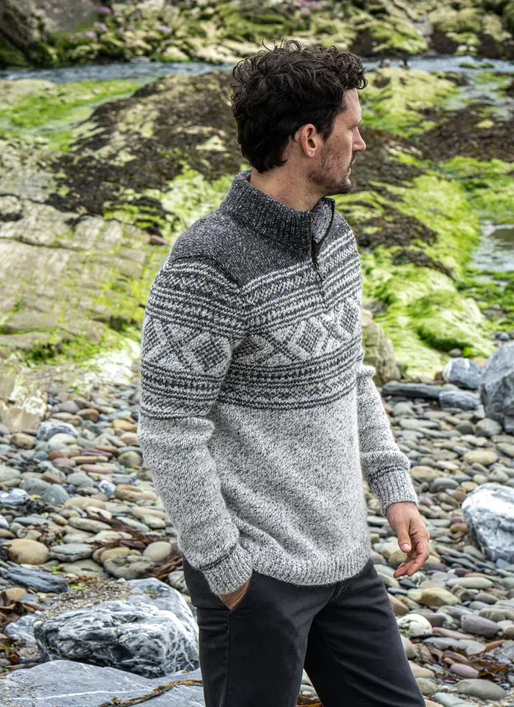 Zip Neck Sweater With Jacquard Pattern