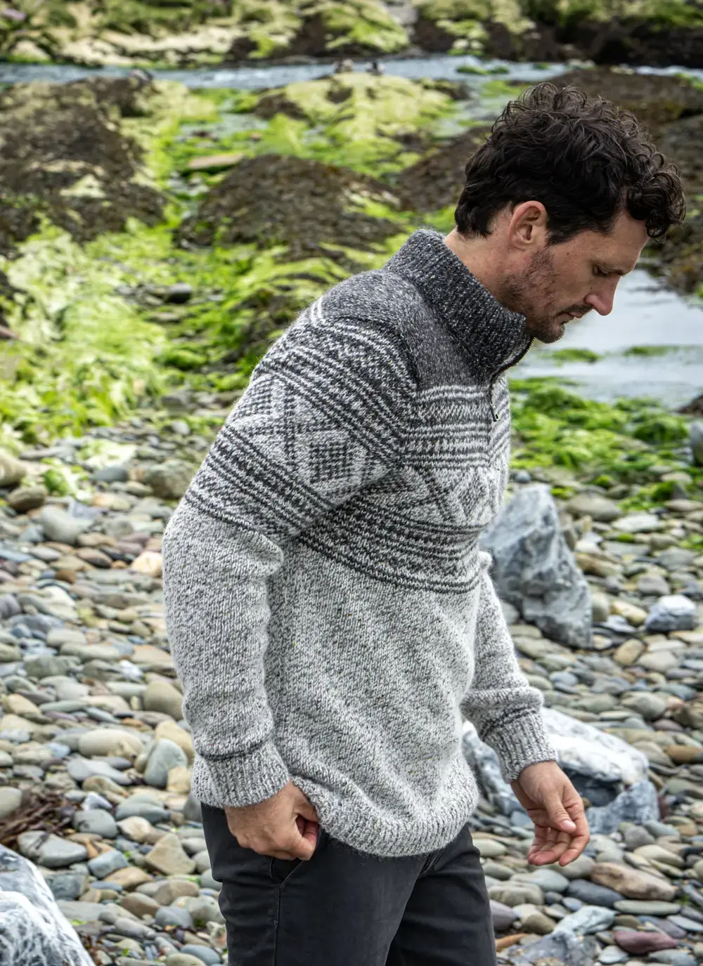Zip Neck Sweater With Jacquard Pattern