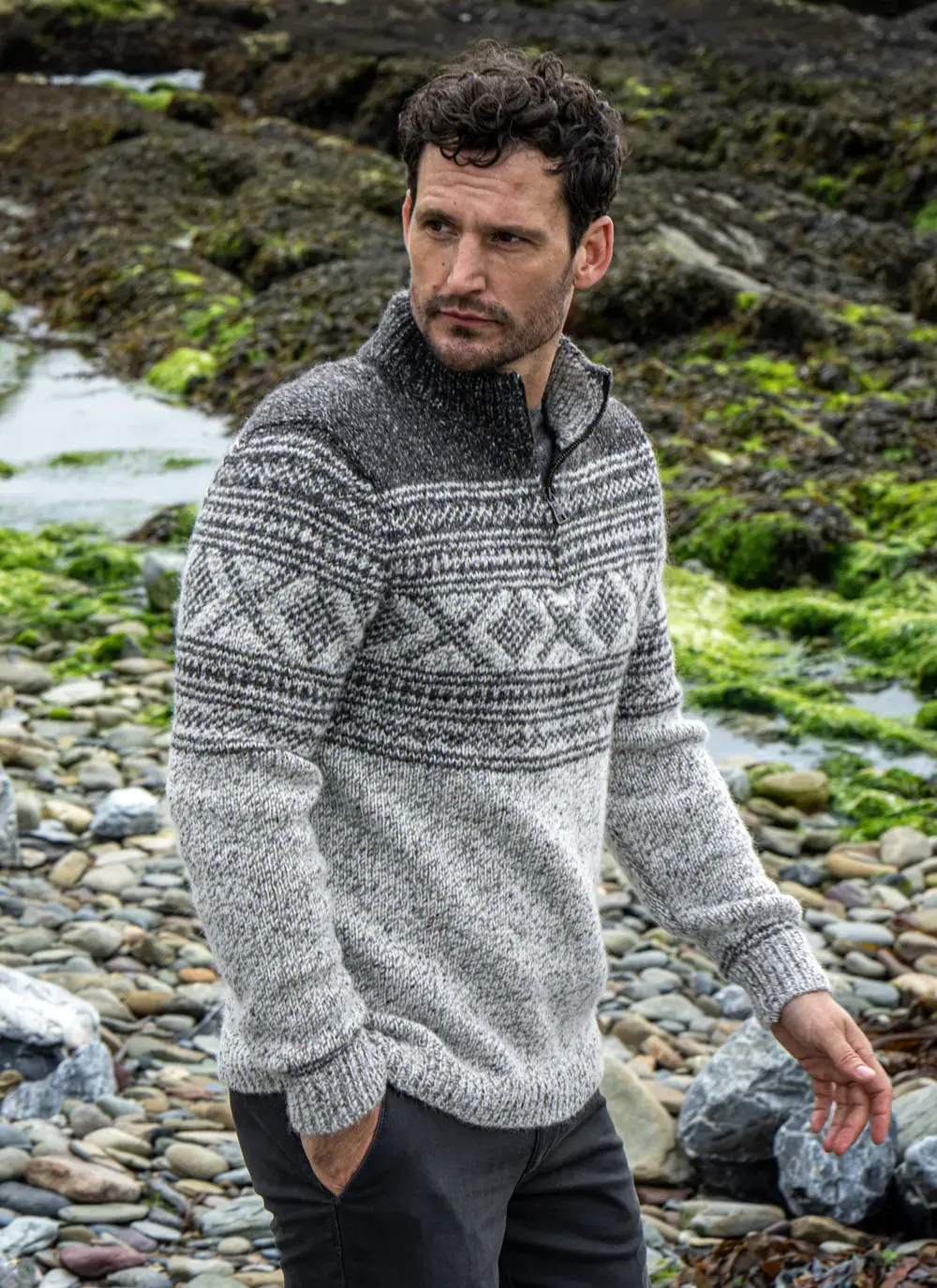 Zip Neck Sweater With Jacquard Pattern