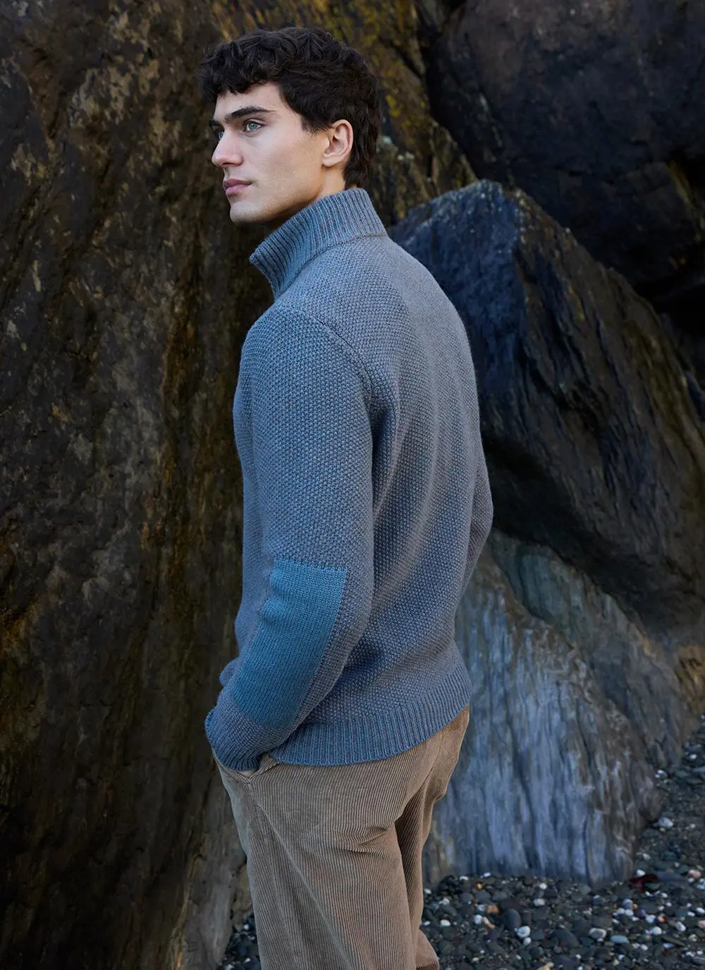 Fisherman Lambswool Seed Stitch Zip Neck Sweater