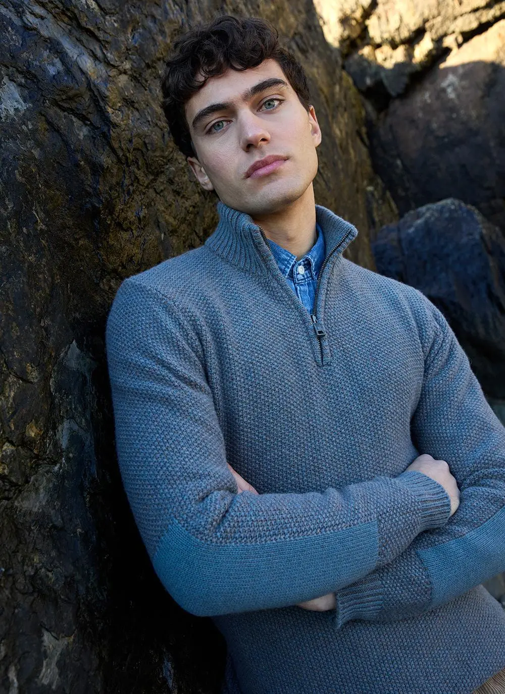 Fisherman Lambswool Seed Stitch Zip Neck Sweater